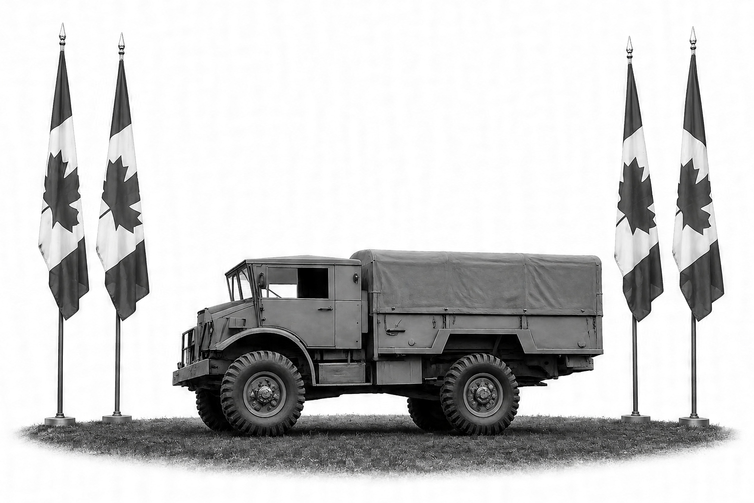 Side view of a Canadian Military Pattern military cargo truck parked on grass between four Canadian flags.