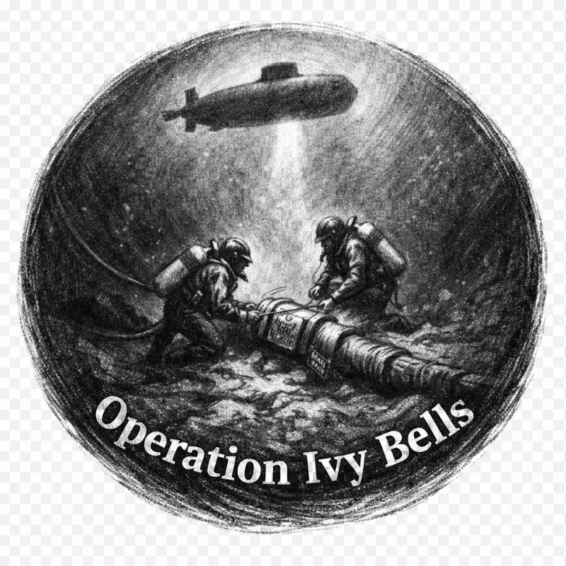 Charcoal sketch of Cold War espionage scene showing two deep-sea divers attaching a wiretap device to an underwater Soviet communication cable, with a U.S. submarine hovering above, titled “Operation Ivy Bells” in a circular vignette with transparent background.