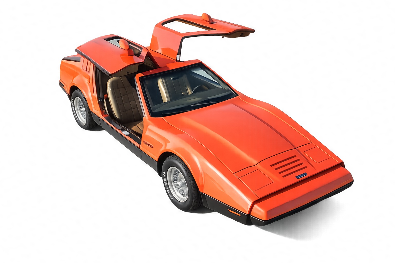 Orange Bricklin SV-1 with both gull-wing doors raised, shown from a high front three-quarter angle against a white background.