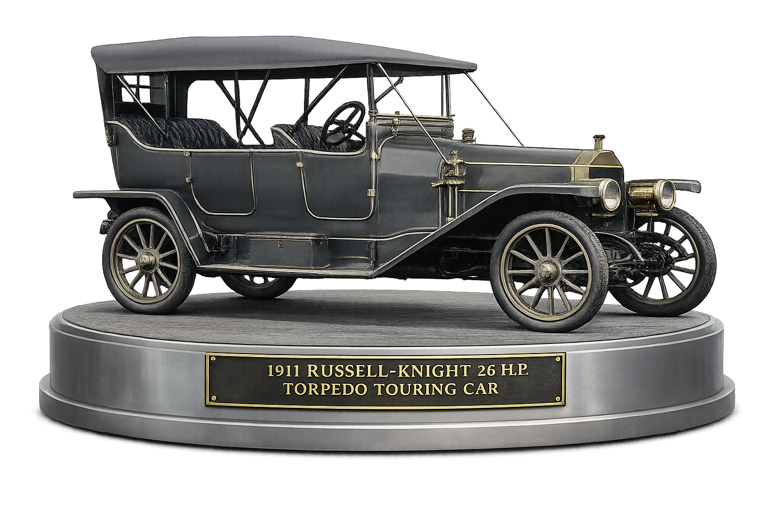 1911 Russell-Knight 26 HP Torpedo Touring Car on a display plinth.