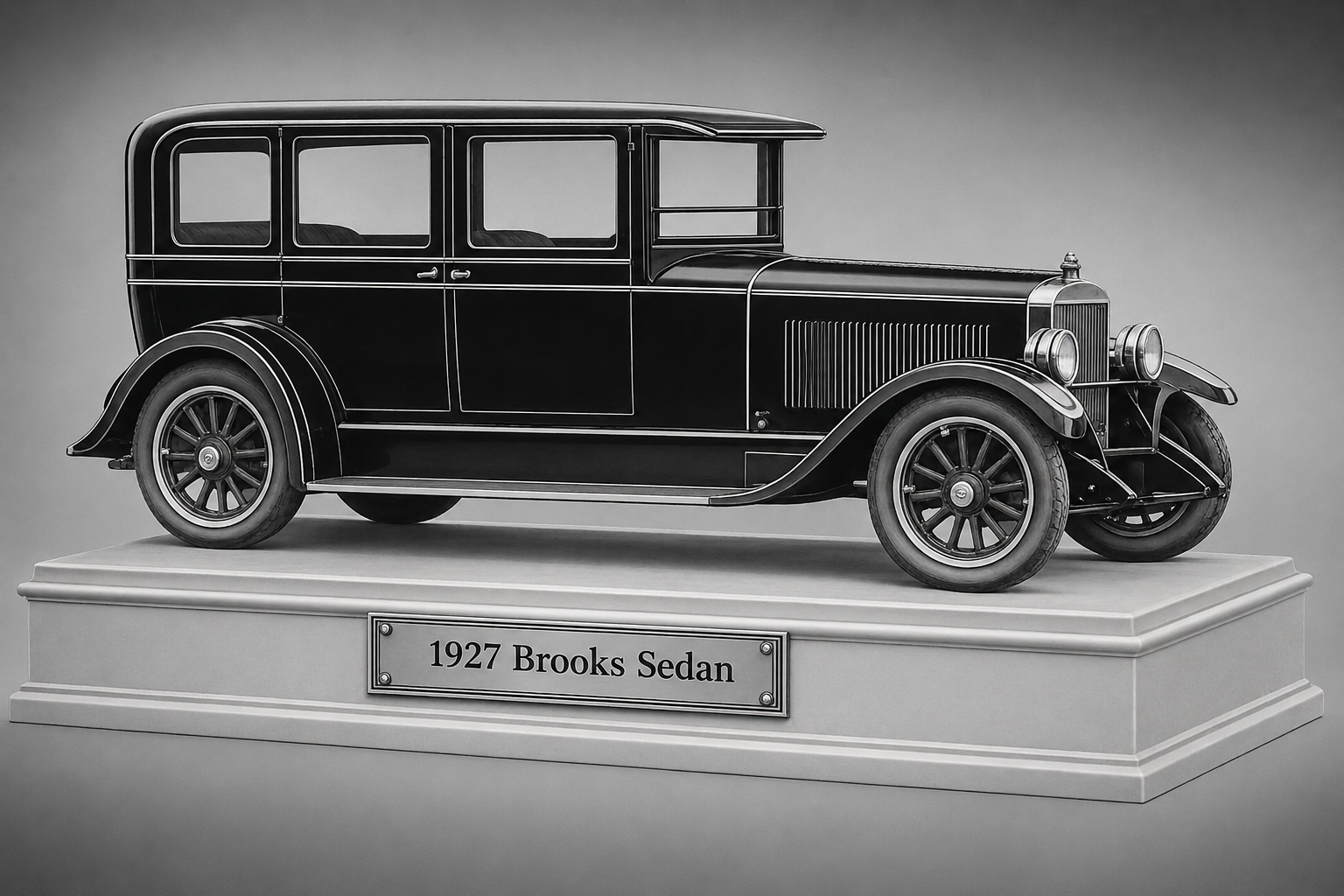 Side view of a Brooks sedan displayed on a pedestal with a plaque reading 1927 Brooks Sedan.