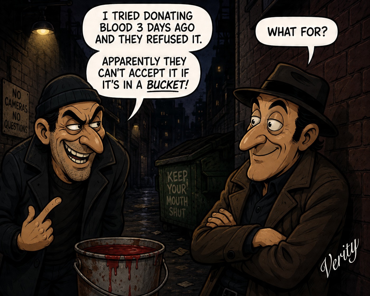 Bucket Blood Donation — original joke image by Glen Munro