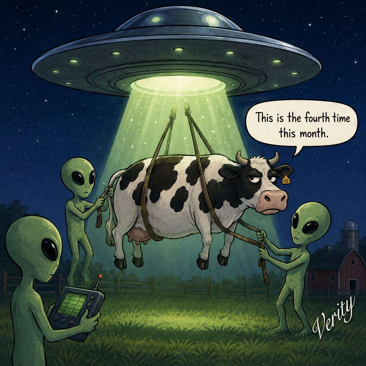 Cow Abduction — original joke image featuring cow and cattle
