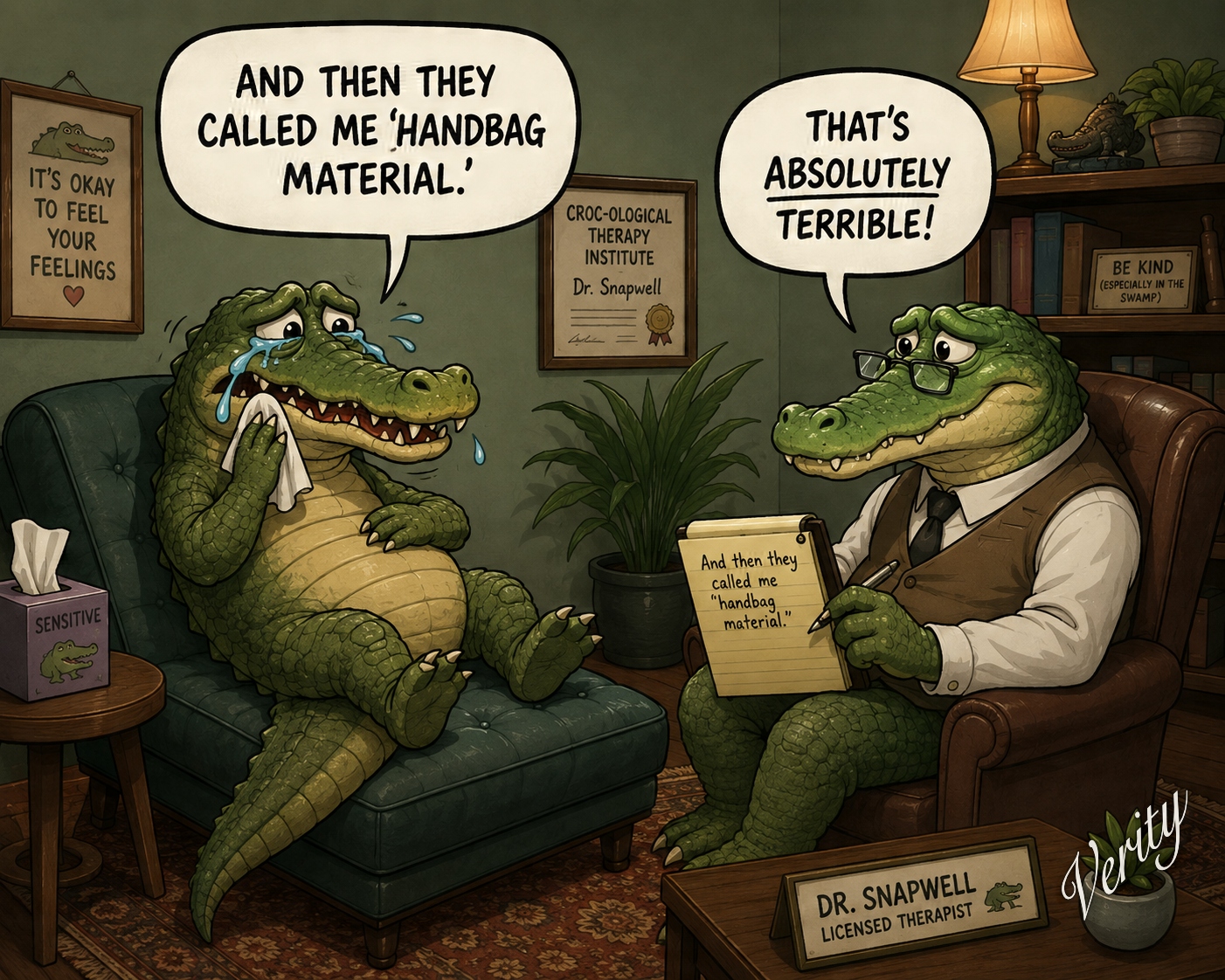 Crocodile Therapist — original joke image featuring crocodile and alligator