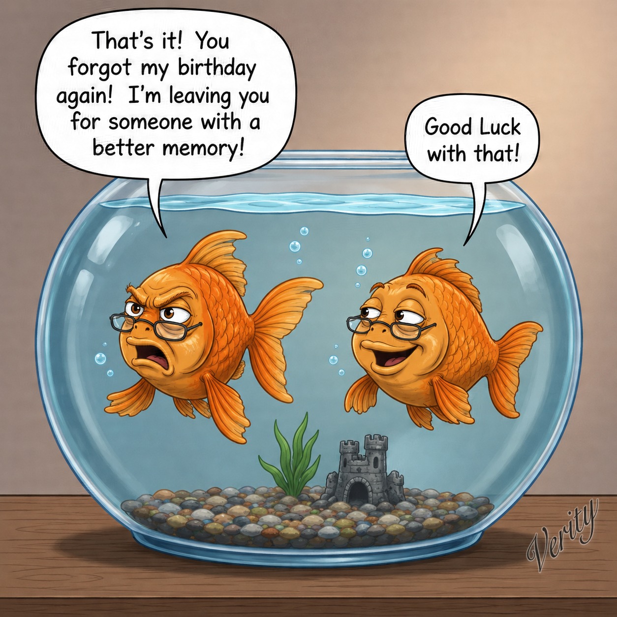 Gold Fish Memory — original joke image by Glen Munro