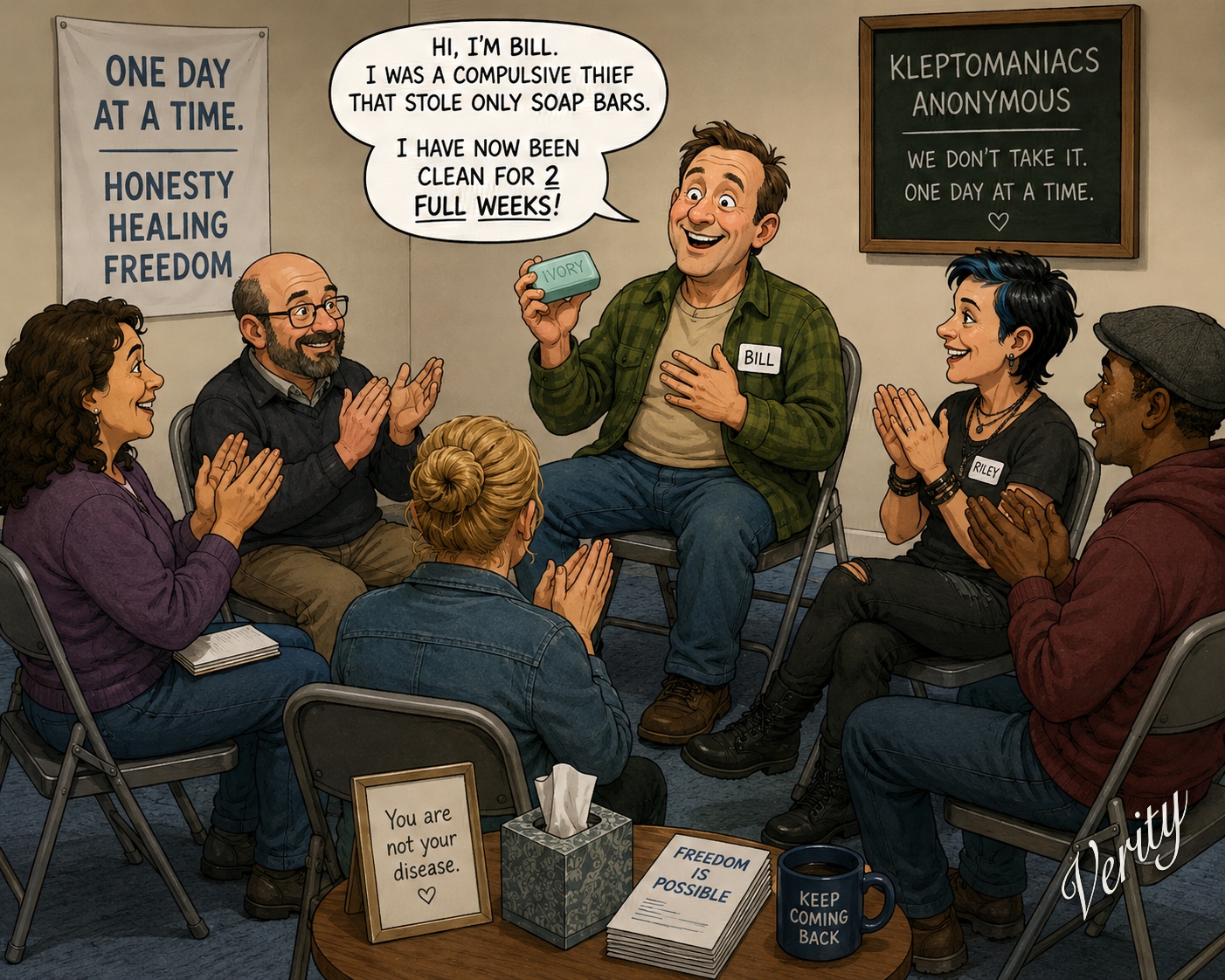 Kleptomaniacs Anonymous — original joke image by Glen Munro