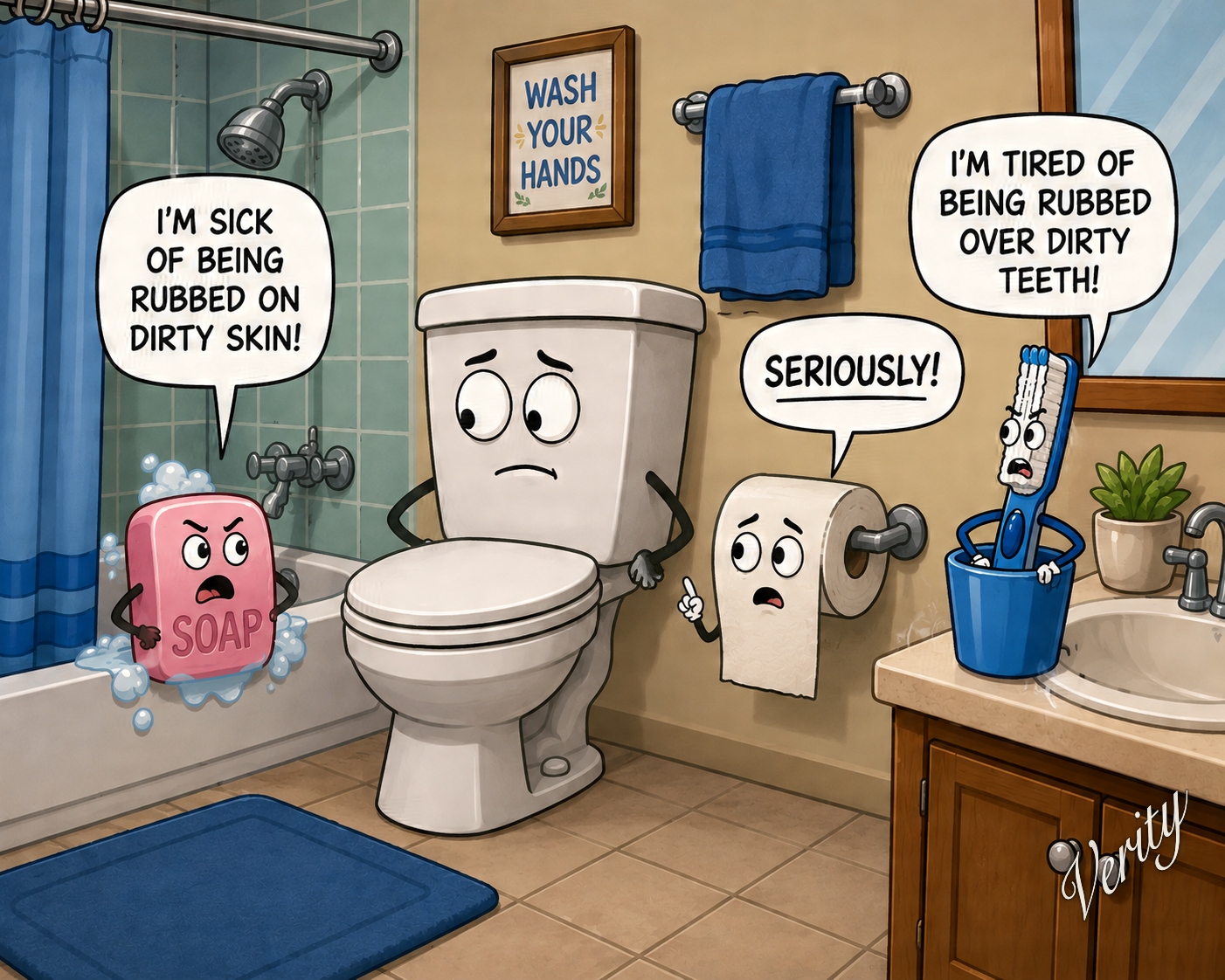 Tired Bathroom Utensils — original joke image by Glen Munro