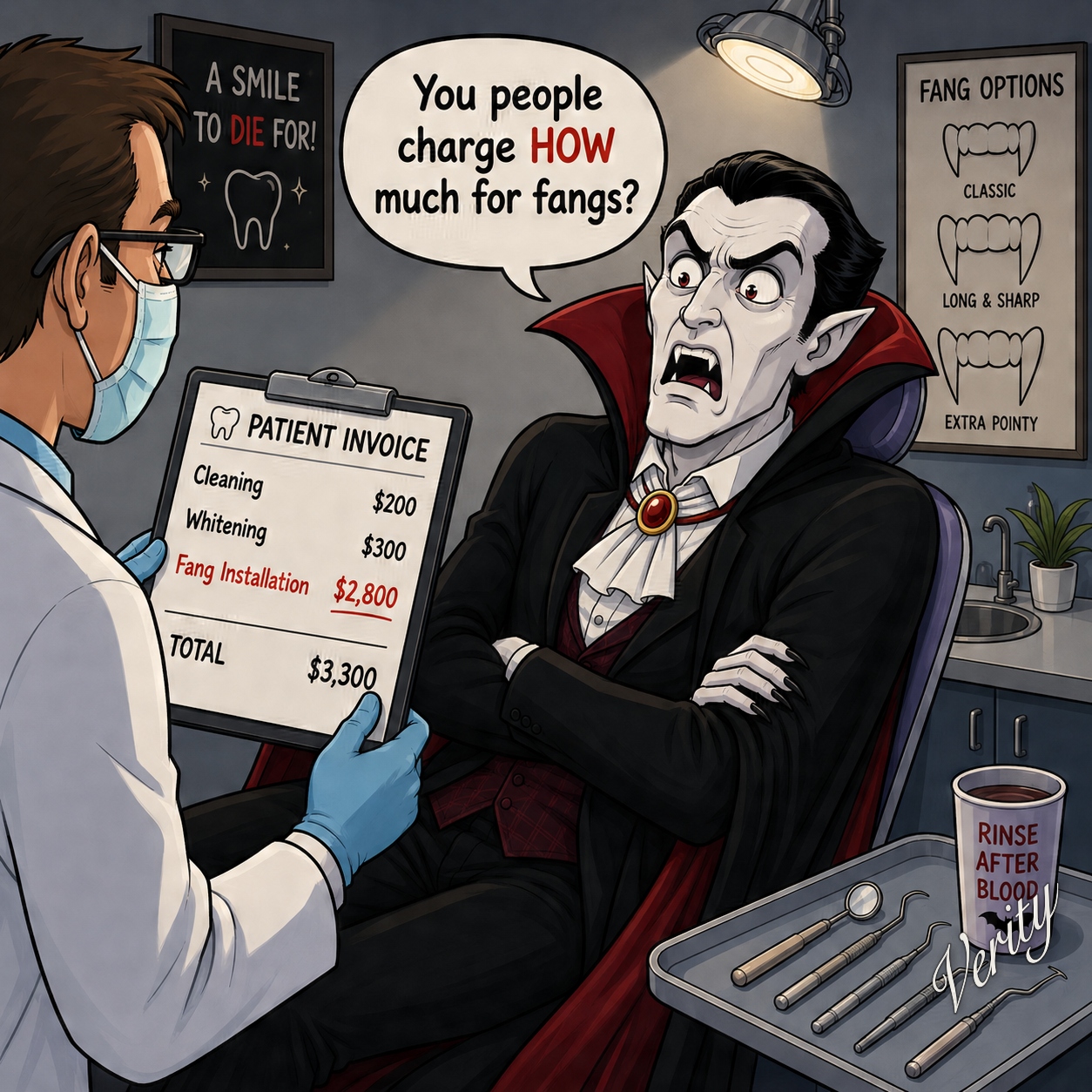 Vampire Dentist — original joke image featuring vampire and dentist